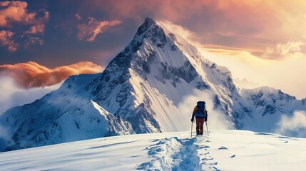 Person Hiking Up Snowy Mountain in the Mountains - obrazy, fototapety, plakaty