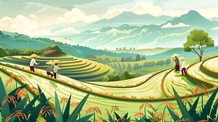Gordijnen Thailand. Rice terraces agricultural sceneries. Rice fields with asian farmers. Vector illustration. People planting and grow rice in rainy season. © Ziyan Yang
