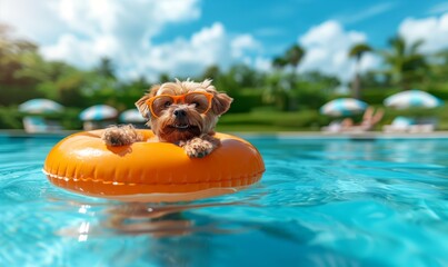Happy dog ​​in glasses relaxes in the pool. Concept tourism, vacation.