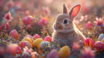 Fototapeta na wymiar A cute bunny rabbit among colorful easter eggs in a fancy background of a flower yard. Can be used as a postcard image, or poster to celebrate Easter Day.