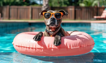 Happy dog ​​in glasses relaxes in the pool. Concept tourism, vacation.	
