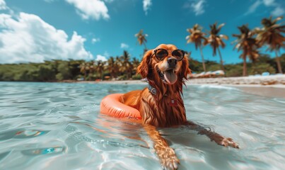Happy dog ​​in glasses relaxes in the sea. Concept tourism, vacation.	
