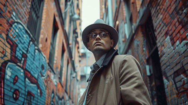 Detective-style man in trench coat and hat in graffiti alley, cinematic urban scene