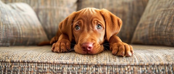 Red labdrador puppy looking curious on sofa