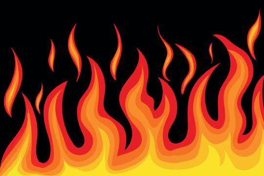 Fire flames various shapes flat line on black background. Fire icons, flammable symbols ideas. Red fiery flames, hot blaze, fireball power light, flame bonfire energy, wildfire, burning fire ignition 