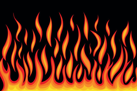 Fire flames various shapes flat line on black background. Fire icons, flammable symbols ideas. Red fiery flames, hot blaze, fireball power light, flame bonfire energy, wildfire, burning fire ignition 