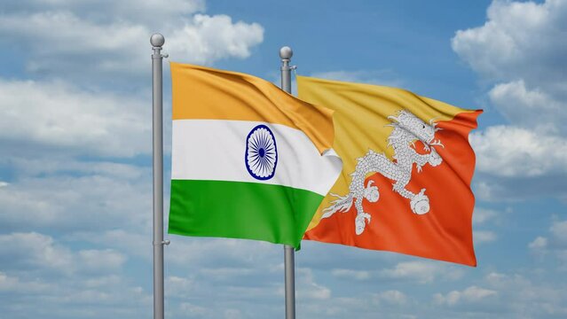 India and Bhutan two flags waving together, looped video