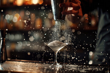A striking closeup highlighting the rhythmic motion of the bartender's hands as they expertly shake the cocktail shaker, with the ingredients elegantly suspended mid-air.