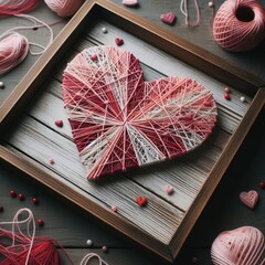String Art Heart in a Wooden Frame on Dark Background