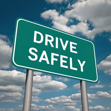 Message DRIVE SAFELY on green road sign with blue sky background