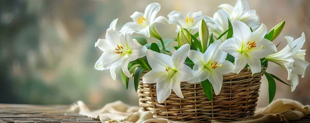 Foto op Plexiglas Easter lilies in a basket. Concept Easter, Lilies, Basket, Spring, Floral © Anastasiia
