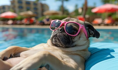 Happy dog ​​in glasses relaxes in the pool. Concept tourism, vacation.