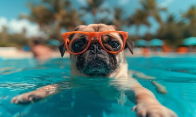 Happy dog ​​in glasses relaxes in the pool. Concept tourism, vacation.