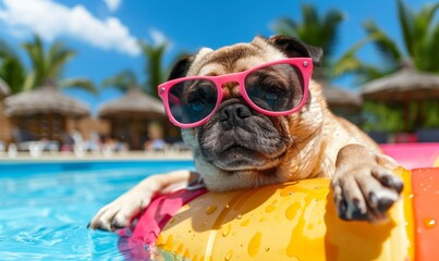 Happy dog ​​in glasses relaxes in the pool. Concept tourism, vacation. - obrazy, fototapety, plakaty