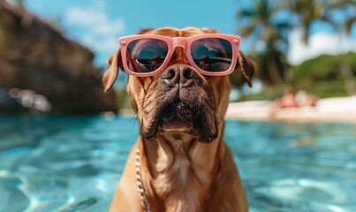 Happy dog ​​in glasses relaxes in the pool. Concept tourism, vacation.