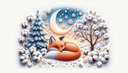 Winter scene with a sleeping fox and snowy trees