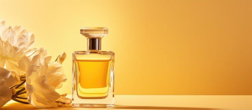 A gold-colored perfume bottle sits upright next to a delicate flower, set against a yellow background. The bottle reflects light, while the flower adds a pop of color to the scene.