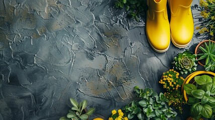 top view of bright yellow rubber boots.Commercial style image. For National Gardening Day, wallpaper, cover, social media, advertisement, shop, commercial, presentation, design, banner