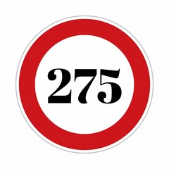 275 kmph or mph speed limit sign icon. Road side speed indicator safety element. Two hundred seventy five speed sign flat isolated on white background 