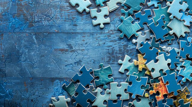 horizontal image, top view blue background with puzzle pieces. For banner, design, cover, thumbnail, LinkedIn, banner, presentation. Business marketing concept.
