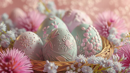 Decorated Easter eggs basket with spring flowers
