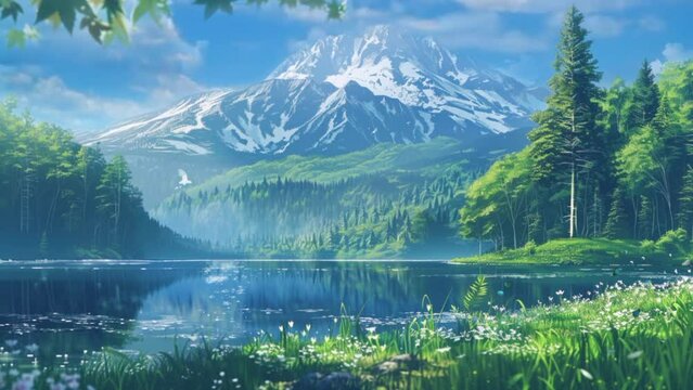 Views of mountains with calm rivers flowing through green valleys, and butterflies brightening the atmosphere with their graceful presence. seamless looping time lapse animated video background
