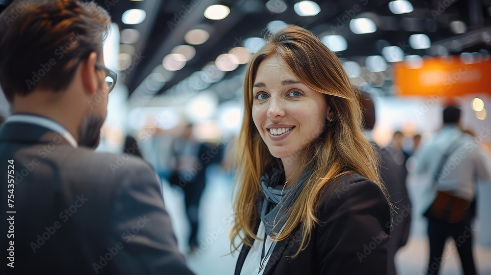 Poster a people at a trade show talking at a booth in an arena. generative ai.