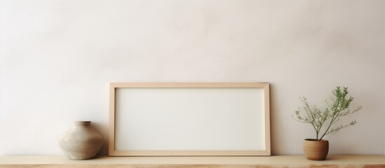 A rectangular wooden picture frame is placed on top of a cream shelf, positioned next to a vase. The scene is set against a cream wall in a home interiors series.