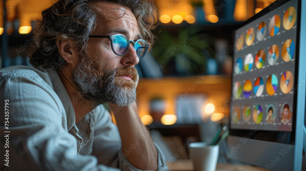 Poster Marketer ponders why to know while looking at monitor screen. Generative AI.