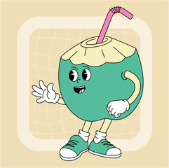Vintage groovy green coconut character.
