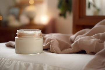 Fototapeta na wymiar Cream jar on bed warm, inviting bedroom ambiance. Concept for luxury home decor and wellness lifestyle.