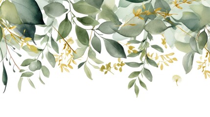 Watercolor green and golden leaves border. Illustration AI Generative. - obrazy, fototapety, plakaty