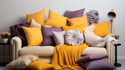 Set of different creative soft pillows on white background