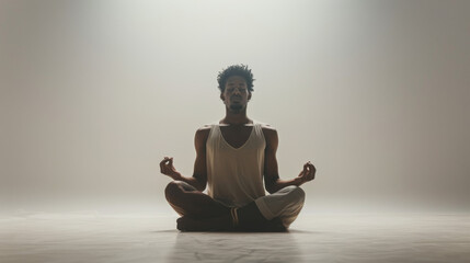 serene black male yoga enthusiast in a meditative pose, isolated against a white background