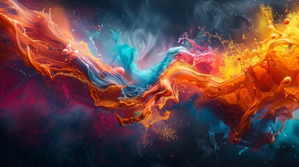High speed photography captures the lively dance of multicolored paint splashing in water - obrazy, fototapety, plakaty