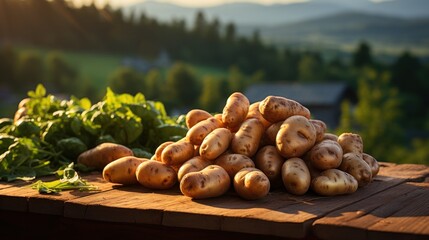Rustic sack overflowing with potatoes on a wooden table against a hilly, - obrazy, fototapety, plakaty