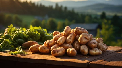 Foto op Aluminium Rustic sack overflowing with potatoes on a wooden table against a hilly, © suryanto