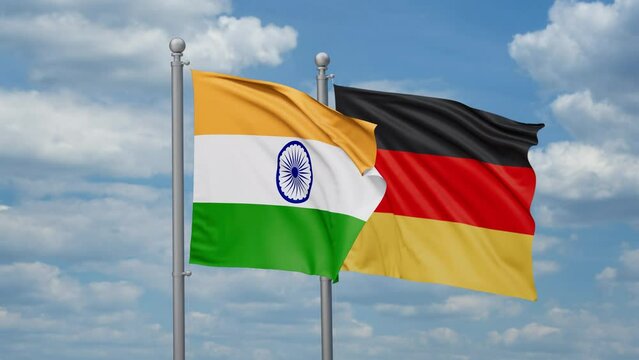 Germany and India two flags waving together, looped video, two country relations concept