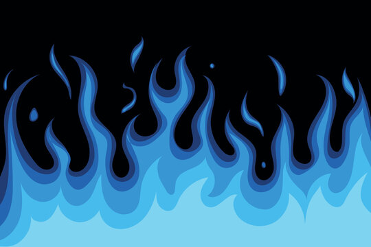 Fire flames various shapes flat line on black background. Blue Fire icons, flammable symbols ideas. Blue fiery flames, hot blaze, fireball power light, flame bonfire energy, wildfire, burning fire 