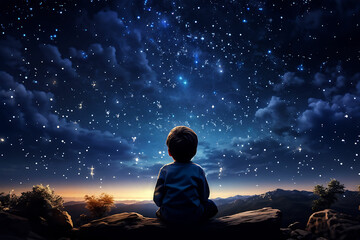 Fototapeta na wymiar boy looking at the night sky Generative Al