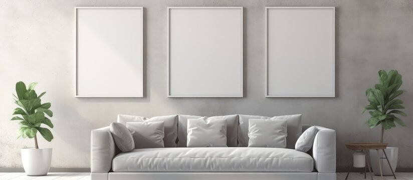 A modern living room featuring a white couch as the focal point, with three pictures hung on the wall behind it. The room has a Scandinavian hipster style with modern grey tones throughout.