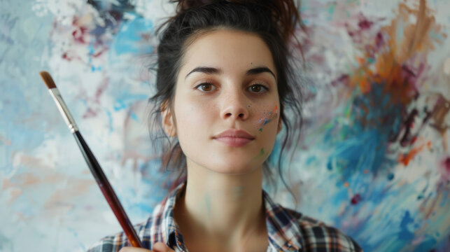 Portrait photo of a thoughtful female artist with paintbrush in hand in front of canvas