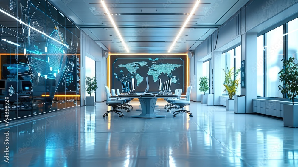 Poster Modern training room or a coach workspace, with visible but subtle references to AI tools like computers or screens displaying. AI interfaces. Generative AI.