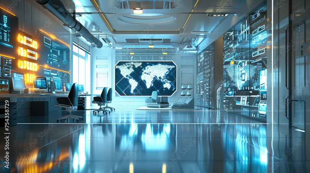 Aufkleber Modern training room or a coach workspace, with visible but subtle references to AI tools like computers or screens displaying. AI interfaces. Generative AI.
