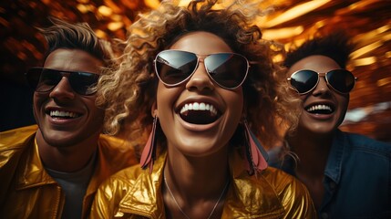 Set of happy people with mobile phones taking selfie on color background - obrazy, fototapety, plakaty