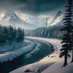 Winter snowy Northern forest with river. Power towers in the snow-capped northern mountains.