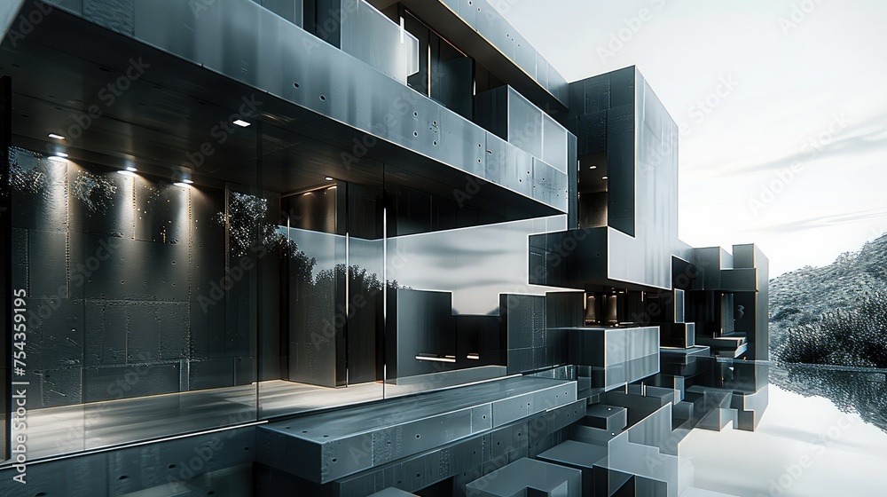 Poster very futuristic and architecture dark black facade. generative ai.