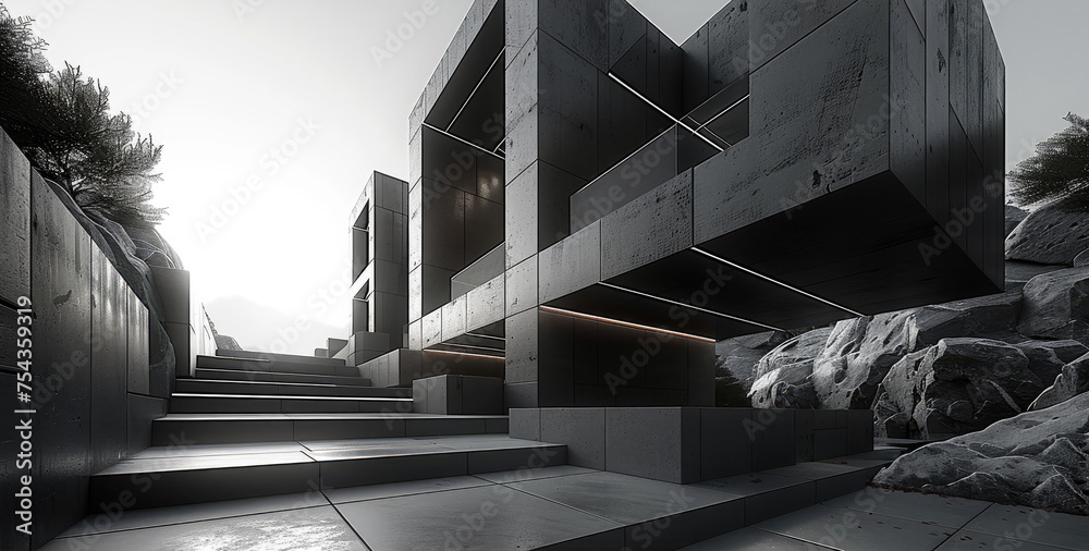 Poster very futuristic and architecture dark black facade. generative ai.
