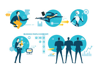Business people and robot in actions, working, researching, analysing, developing, achieving, job positions, scientists and managers. Set of icons, flat style
