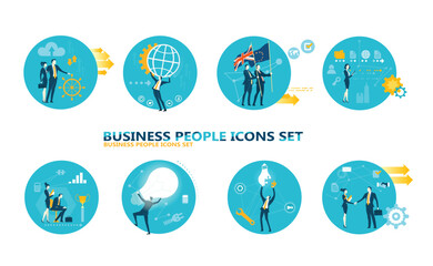 Business people in actions, working, researching, analysing, developing, achieving, job positions, scientists and managers. Set of icons, flat style
